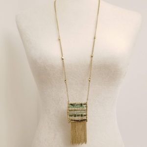 INC INTERNATIONAL CONCEPTS Beaded Square Tassel Necklace, Green/Gold